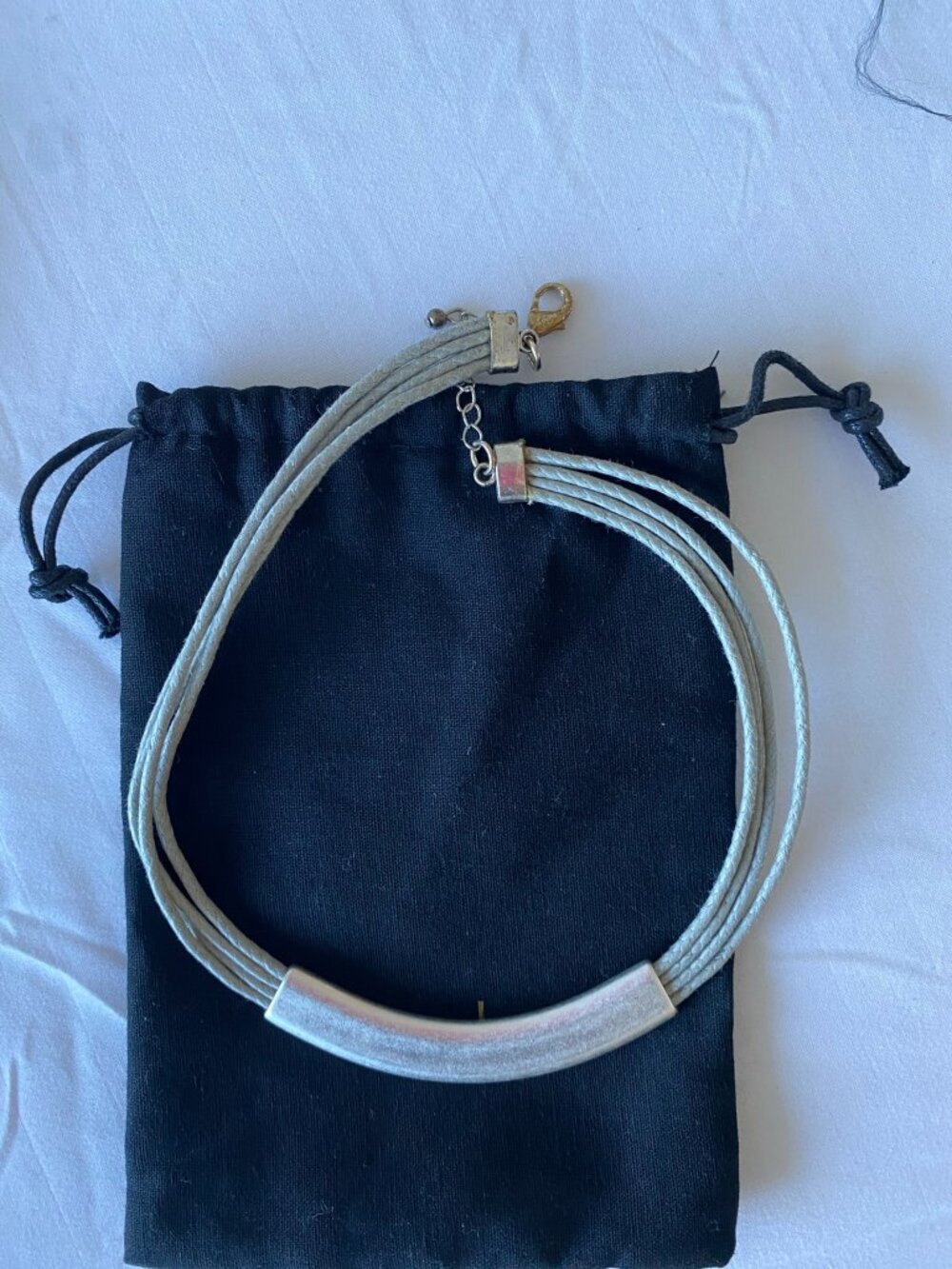 ADOLFO DOMINGUEZ Modernist Curved Silver Bar Multi Strand Grey Cord Choker